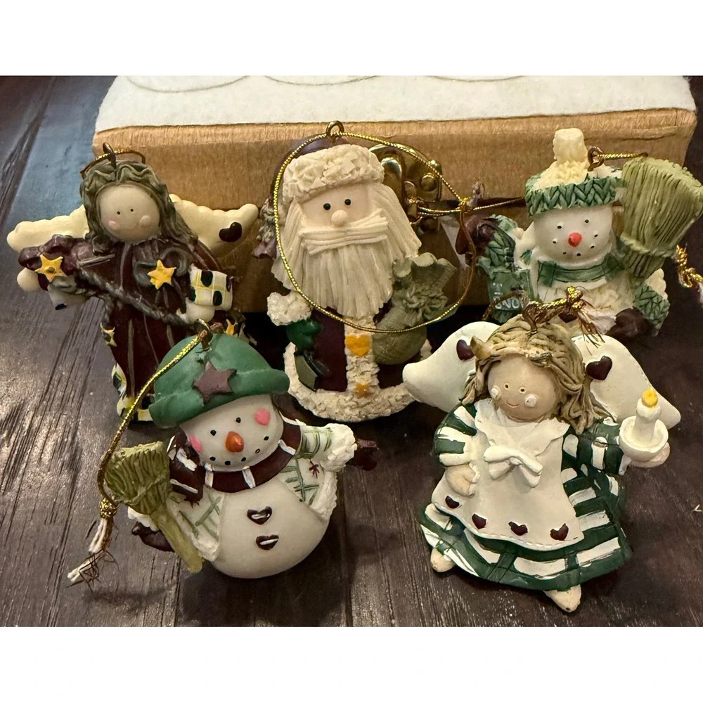 Holiday Treasures Ornament Set Snowman Angel Rustic Resin 5pc With Box Folk Art